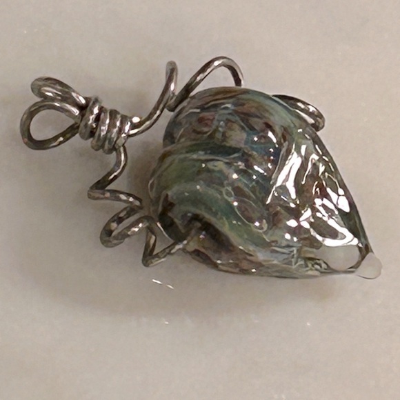 Heart Shaped Glass Blown Pendant Hand Crafted Green Blue Tan - Picture 9 of 11